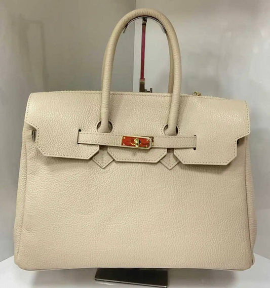 SFC Leather Cream Handbag Structured  and Lock Closure