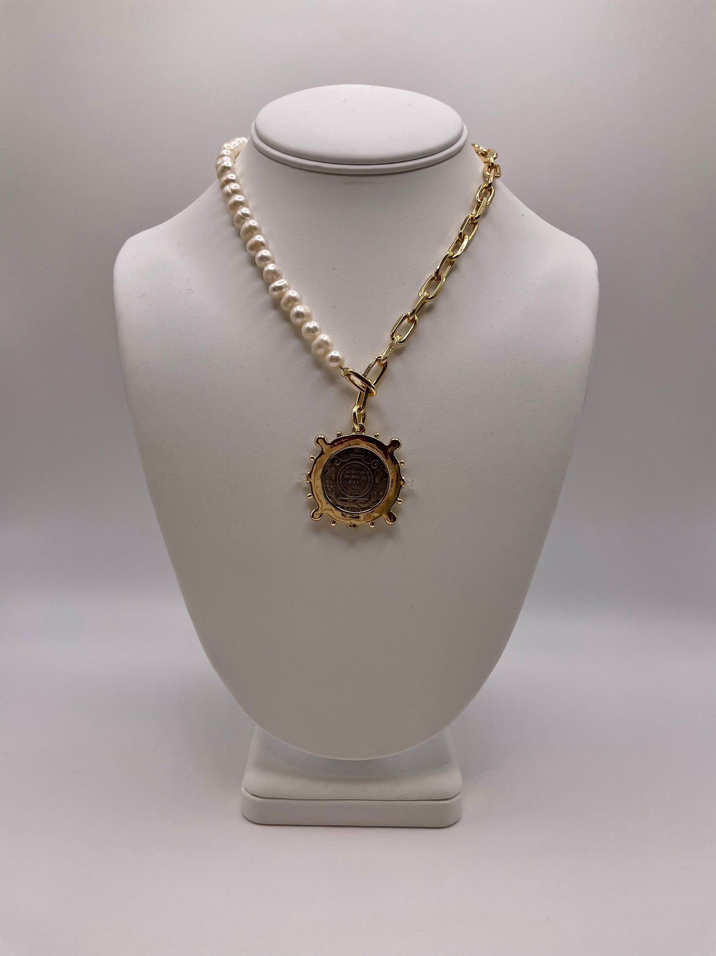 Pearl and Gold Link Coin Necklace