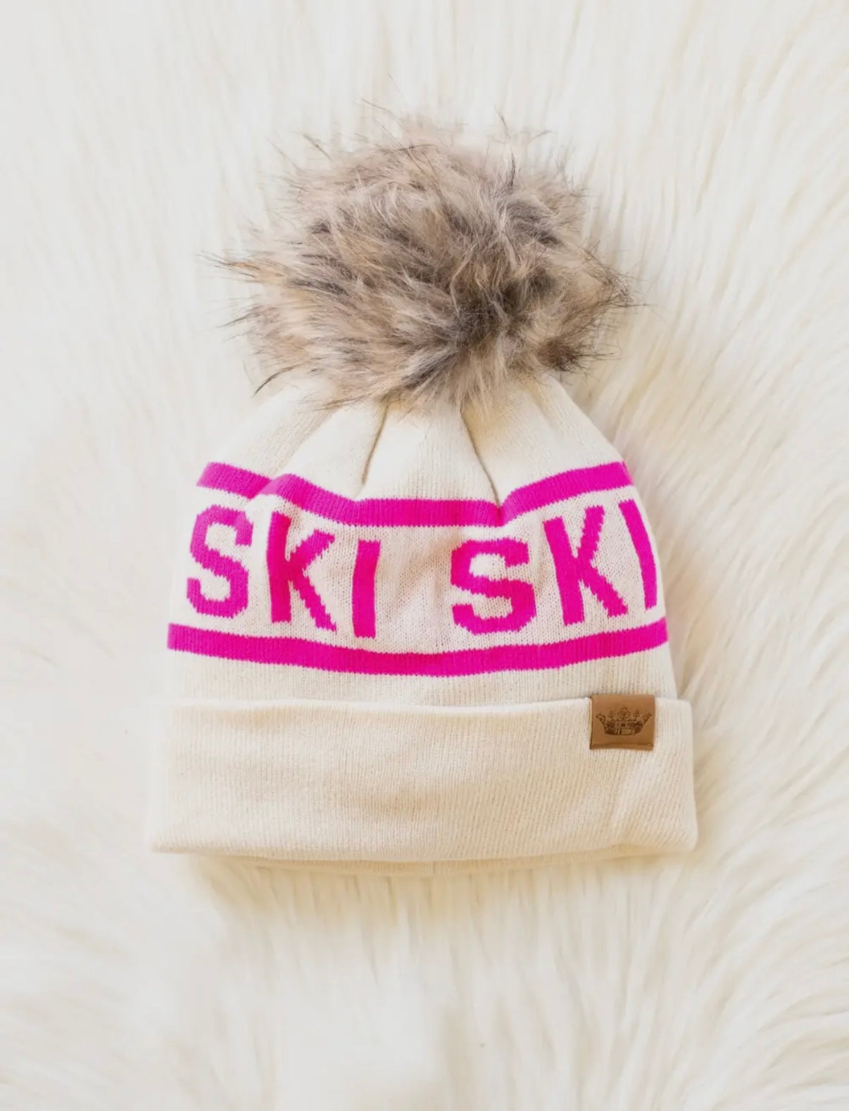 Beige and Pink Ski Pom Hat
