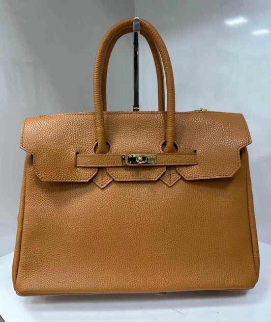 SFCA Leather Camel Handbag Structured  and Lock Closure