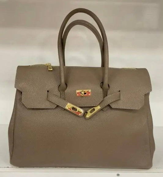 SFT Leather Taupe Handbag  Structured  and Lock Closure