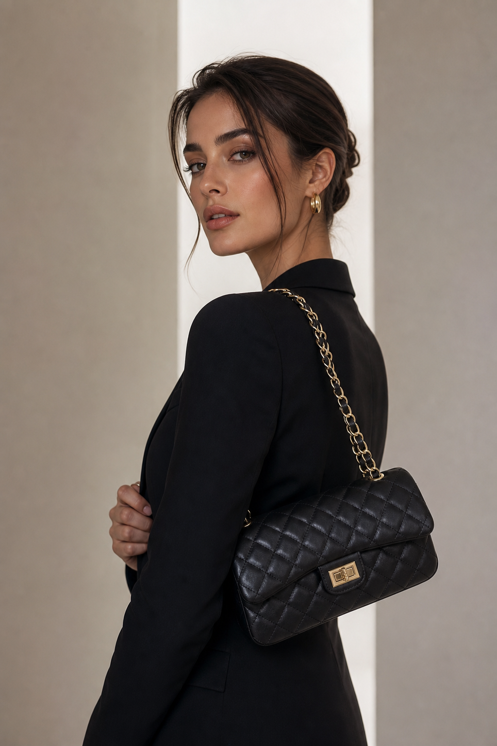 Genuine leather quilted shoulder bag with chain