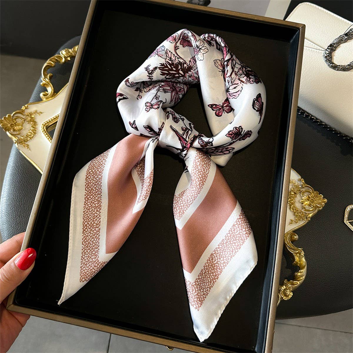 Silky Butterfly Print Scarf – Hair & Neck Accessor_CWASC1428
