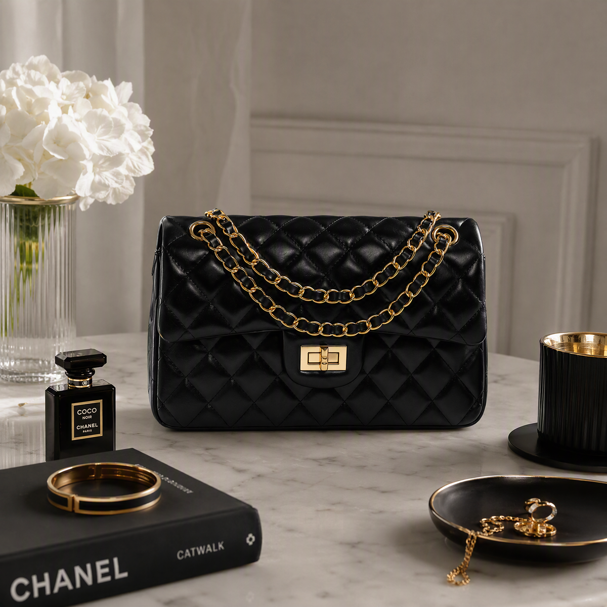 Genuine leather quilted shoulder bag with chain