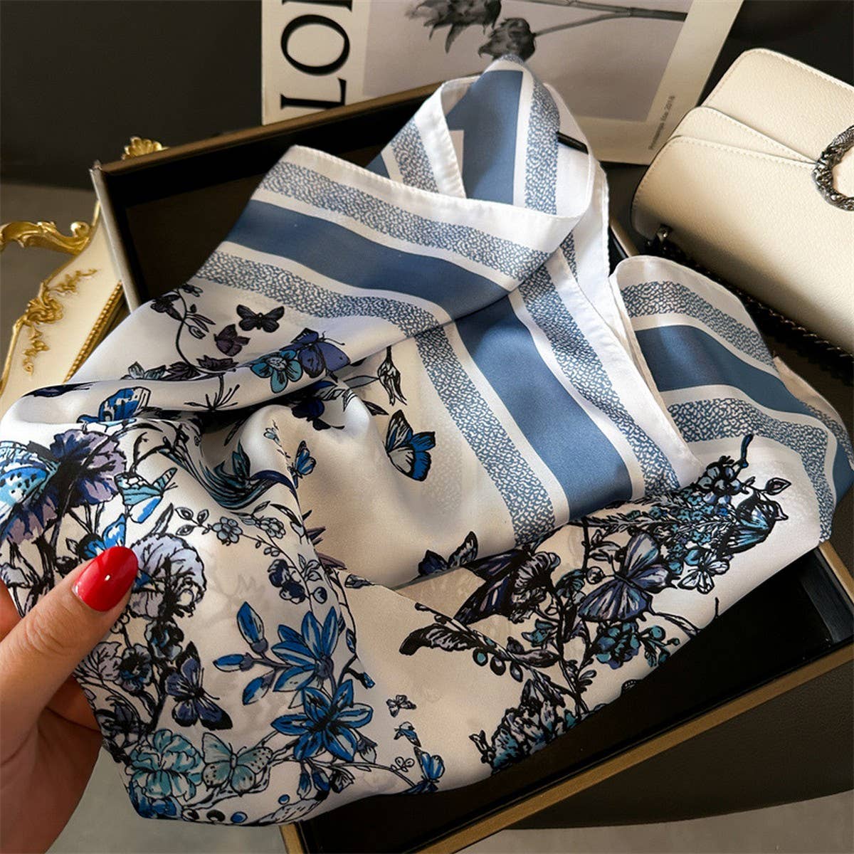 Silky Butterfly Print Scarf – Hair & Neck Accessor_CWASC1428