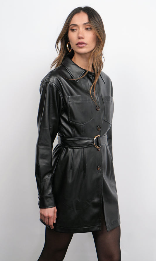 Vegan Leather Belted Dress