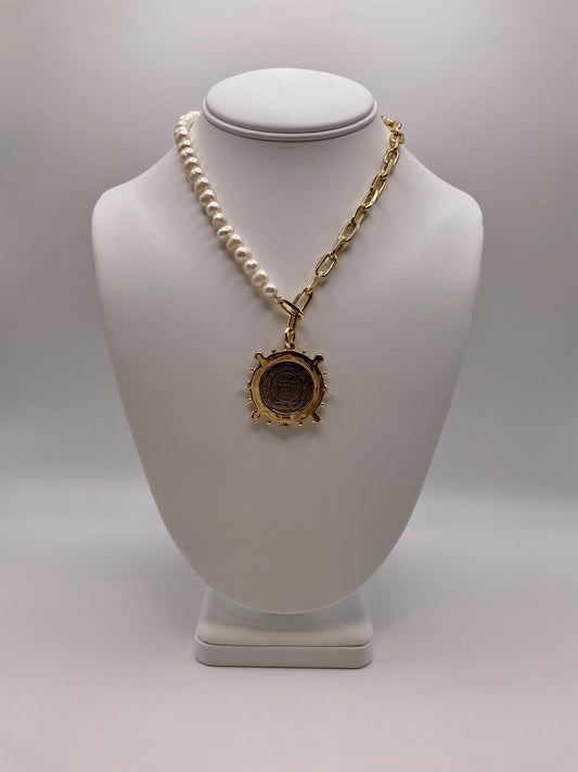 Pearl and Gold Link Coin Necklace
