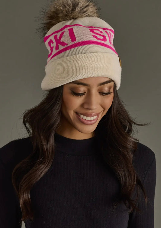 Beige and Pink Ski Pom Hat