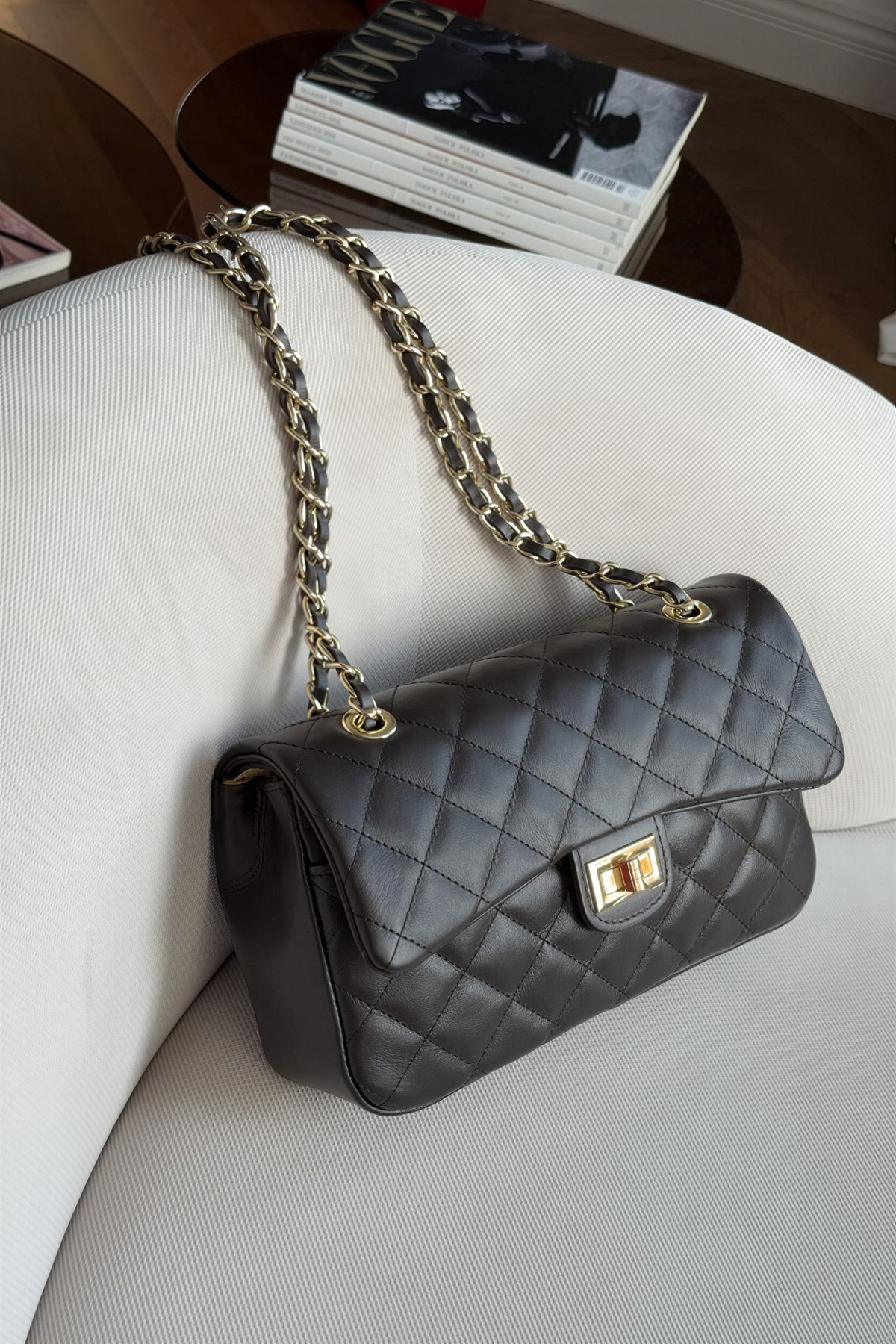 Genuine leather quilted shoulder bag with chain