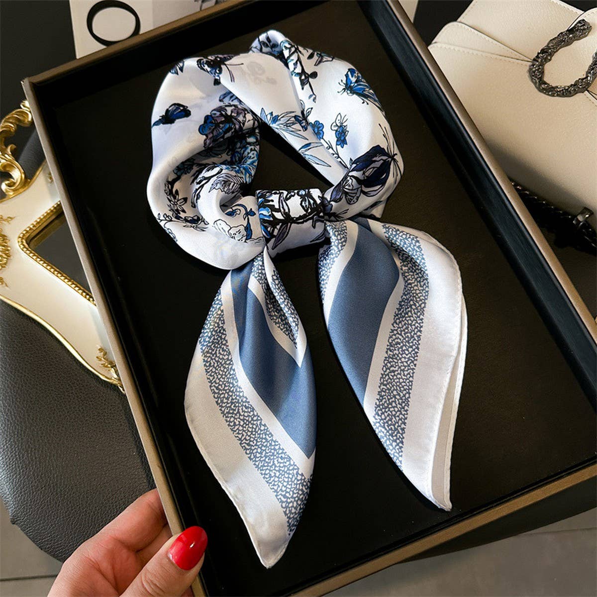 Silky Butterfly Print Scarf – Hair & Neck Accessor_CWASC1428